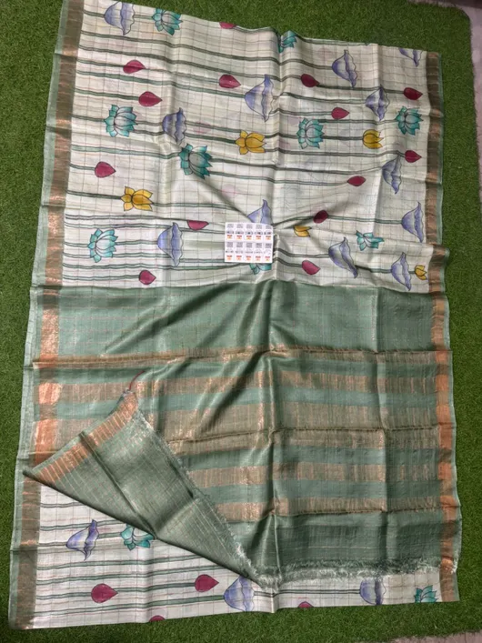 Pure Handloom Tussar Silk Hand Painted Pen Kalmakari Saree